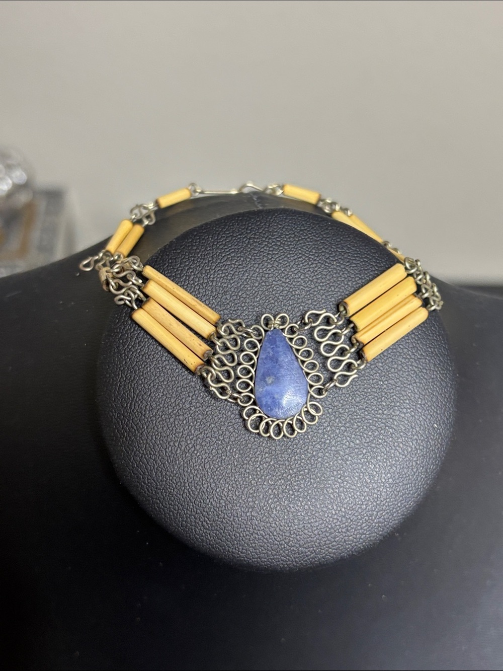 Dainty Vintage Blue Teardrop Pendant Necklace Wood Bead Accents
